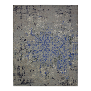Tapis d'appoint en pure laine noué à la main, luxueux, bleu gris vieilli, abstrait, pour salon moderne - Product Image 2