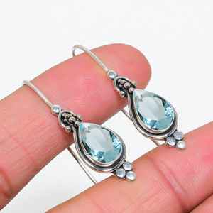 Boucles d'oreilles pendantes en argent sterling 925 avec pierres précieuses aquamarine, bijoux élégants faits à la main, cadeau de luxe - Product Image 3