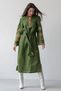 Vestido Midi Boho Verde con Estampado Digital, Cuello en V, Manga Larga, Corte Holgado, Cierre con Lazo Delantero, Estilo Casual para Otoño - Product Image 1