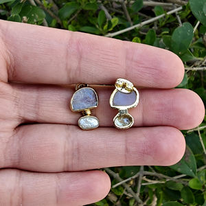 Natural raw look blue fire moonstone with baroque pearl <b>drop</b> stud earring 18k gold plated double stone fashion jewelry earrings - Product Image 4