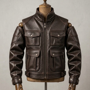 Men Brown Leather Stand Collar Zipper Front Pockets <b>Jacket</b> <b>Racing</b> Biker <b>Jacket</b> Custom Leather Riding <b>Jacket</b> Wholesale - Product Image 1