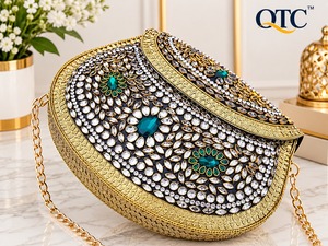 Handcrafted Metallic Kundan Embroidered Mini Flap Closure Crossbody <b>Clutch</b> Purse with Chain Strap for Wedding Party Women - Product Image 4