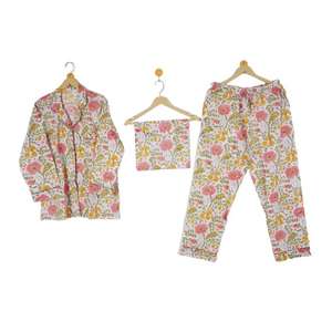 Conjunto de Pijama de Verano para Mujer, 100% Algodón Natural, Estilo Vintage, 3 Piezas, Camisa con Botones, Encaje Floral, Ropa de Dormir Cómoda - Product Image 1