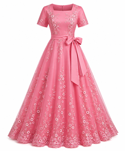 <b>Pink</b> Comfortable Satin A-Line Empire Waist Floral Embroidered Evening <b>Dress</b> Bow Belt Maxi Gown Short Sleeve Formal Party <b>Wedding</b> - Product Image 1