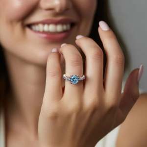 Anillo de Compromiso, Boda y Propuesta de Matrimonio de Lujo con Moissanita Azul Redonda en Engaste de Oro sobre Plata de Ley 925 - Product Image 2