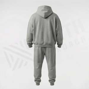 Unisex Gray Hooded <b>Tracksuit</b> Full Sleeve Solid Color Cotton Sweatshirt And Pants Set Casual Autumn Wear With Drawstring Closure - Product Image 2