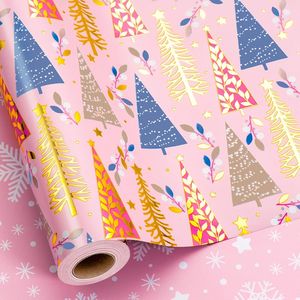 Carta da Regalo Natalizia Rosa Reversibile con Tema Albero e Fiocchi di Neve in Lamina Metallica per Regali da Ragazza - Product Image 3