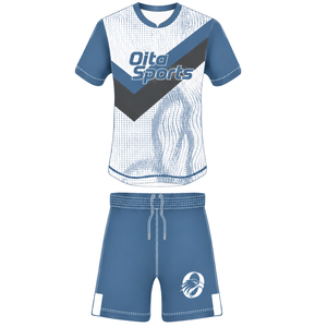 Ensemble uniforme de rugby bleu acier, blanc et gris à manches courtes, maillot de rugby à col ras du cou avec motif, short à cordon de serrage, performance athlétique pour équipe - Product Image 1