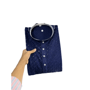 TENDENCIA RAYON ALGODÓN MÁQUINA BORDADO TRABAJO HOMBRE KURTA CON PAYJAMA AZUL MARINO - Product Image 1