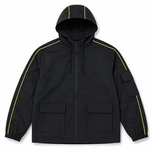 unisex all black hooded windbreaker jacket Neon Piping Tech wear Streetwear Sports Clothing Blank Active Sports Wear Long Sleeve - Product Image 1