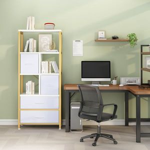 Libreria a 5 Ripiani in Legno con 4 Cassetti, Struttura in Truciolato e Ferro, Tessuto Non Tessuto, 60x30x147cm, Cornice Dorata, Pannello Bianco - Product Image 2