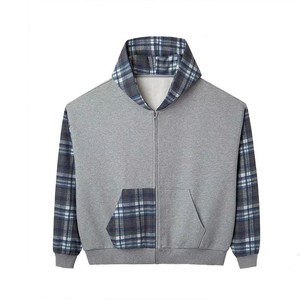 Sweat-shirt unisexe à capuche zippé en patchwork à carreaux, coupe classique, décontracté, pour l'automne, en molleton 100% coton, anti-rétrécissement, avec poches, gris - Product Image 1