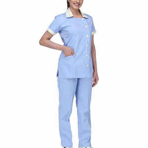 Ensemble de blouses médicales bleu clair pour femmes, en coton et polyester tissé, uniforme d'hôpital, pantalon, manches courtes, boutons sur le devant - Product Image 2