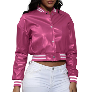 <b>Pink</b> PU Leather Varsity <b>Jacket</b> Women's Short Cropped Full Sleeve Turn-down Collar Solid Color Contrast Trim Autumn Wear - Product Image 4