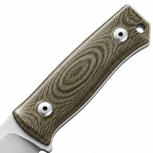 Cuchillos de caza de hoja fija con textura gris verdosa y agarre texturizado, hoja con punta de gota plateada, funda de cuero marrón y mango remachado - Product Image 6