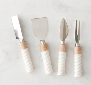 Ensemble de 4 couteaux à fromage, lames en acier inoxydable, manche en bois et marbre, fourchette à tartiner, outils pour la cuisine - Product Image 1