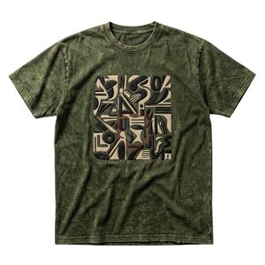 T-shirt Homme Vert Olive Tendance à Motif Abstrait, Coton Lourd Délavé à l'Acide, Style Vintage Streetwear, Coupe Boxy - Product Image 1