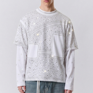 T-shirt homme double couche avec strass blancs OEM, manches 2 en 1, t-shirt décontracté d'été pour homme avec strass - Product Image 1