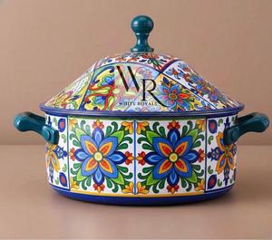 Designer Floral Hotpot Enamel <b>Cookware</b> Casserole <b>Set</b> Luxury Serving Dish Food Warmer with Lid Bulk OEM Kitchenware Supplier - Product Image 1
