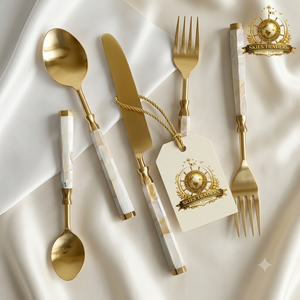 Juego de cubiertos de lujo en oro con mango de resina perlada, juego de cubiertos de acero inoxidable, juego premium de cuchillo, tenedor y cuchara dorados para bodas y hoteles. - Product Image 1