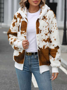 Veste d'hiver en polaire à capuche et fermeture éclair pour femme |   Sweat-shirt ultra doux en peluche à imprimé léopard, écologique et personnalisable, vente en gros 2026 - Product Image 2