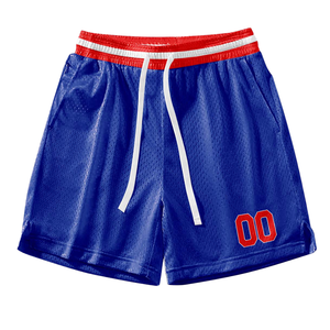 Ensemble uniforme de basket-ball bleu personnalisé, maillot et short rétro avec texte rouge, nom et numéro de l'équipe, design classique - Product Image 5