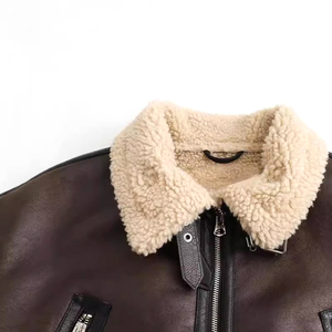 Brown Women's Genuine <b>Leather</b> Shearling Bomber Jacket With Fur Trim Zipper Closure Winter <b>Short</b> Coat Full Sleeve Windproof - Product Image 2