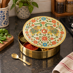 Handcrafted Round Brass Spice Box Royal Elephant Floral Printed Lid Masala Dabba Kitchen Storage <b>Container</b> Set With Spoon Export - Product Image 2