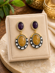Pendientes de Lujo con Amatista y Cuarzo Amarillo, Diseño Artesanal con Borde Kundan Antiguo, Plata 925, Pendientes de Boda, Venta al Por Mayor B2B - Product Image 2