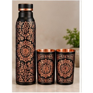 Modern <b>Copper</b> <b>Water</b> <b>Bottle</b> With Mandala Design Bohemian Style Portable Travel Drinkware Set - Product Image 1