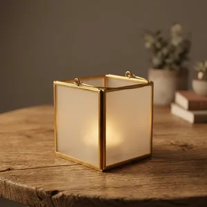 Square <b>Brass</b> Frame Glass <b>Lantern</b> votive Home Decoration tabletop decor wedding decor - Product Image 1