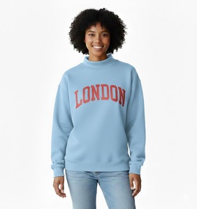 Custom Women Light Blue Crew Neck <strong>Sweatshirt</strong> With Red <strong>London</strong> Print Regular Fit Full Sleeve Knitted Cotton Autumn Streetwear - Product Image 1