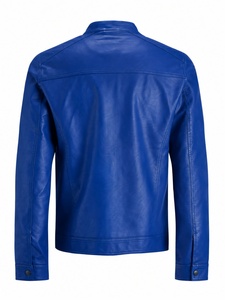 Blouson moto unisexe en cuir PU bleu, col rabattable, fermeture éclair, coupe ajustée, manches classiques, couleur unie, vêtement d'hiver, séchage rapide - Product Image 5