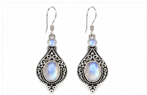 <b>Rainbow</b> Moonstone Sterling Silver Dangle Earrings – 925 Silver White Flash Gemstone Filigree <b>Drop</b> Earrings - Product Image 1
