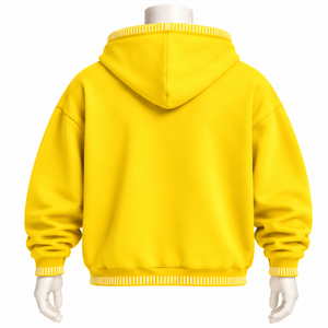 <b>Yellow</b> Stitched Border Distressed Pullover <b>Hoodie</b> Oversized Sweatshirt Contrast Stitch Kangaroo Pocket Casual Streetwear Apparel - Product Image 2