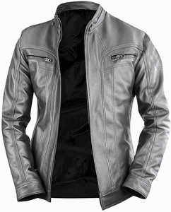 Blouson moto en cuir PU beige pour homme, col montant, fermeture éclair, coupe ajustée, manches classiques, idéal pour l'automne - Product Image 3