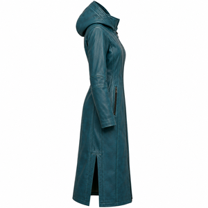 Manteau long en cuir bleu sarcelle à capuche avec fermeture éclair sur le devant, sur mesure, service OEM/ODM - Product Image 3