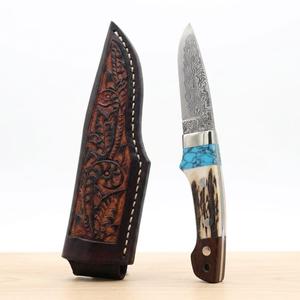 Cuchillo utilitario de hoja fija para exteriores de acero de Damasco forjado a mano personalizado, mango de cuerno de ciervo y turquesa, funda de cuero estampado, OEM DIY - Product Image 6