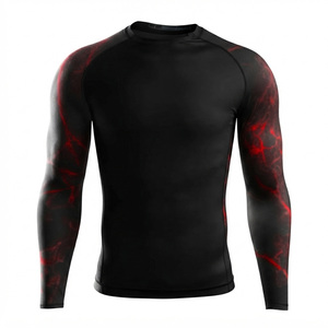 Men <b>Compression</b> Rash Guard Long Sleeve Sports Jersey Printed Fitness <b>Shirt</b> MMA Training Top Black Red Pattern Fitted Crew Neck - Product Image 2
