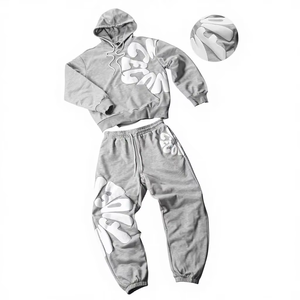 American Trendy Brand Solid Hooded Sweatshirt Sweatpants Set Men's Loose Casual Sportswear 2pcs Set Winter 100% Cotton Fleece - Product Image 1