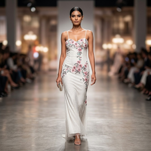 Robe longue moulante élégante blanche à fleurs brodées pour femmes |   Décolleté cœur à fines bretelles |   Soirée de mariage - Product Image 3