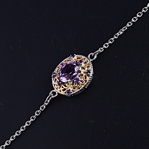 New Flower Shape Amethyst Stone Pure <b>Solid</b> 925 Sterling <b>Silver</b> Rhodium Plated Classic Chain Link <b>Bracelet</b> For Women Fine Jewelry - Product Image 5