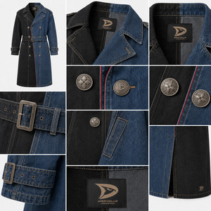 Abrigo Largo de Mezclilla Bicolor para Hombre, Estilo Gabardina Oversize Negro y Azul con Cinturón, Ropa Exterior Urbana - Product Image 4