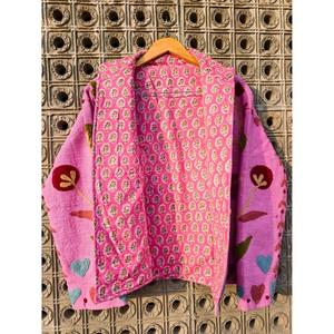 Boho Pink Embroidered Quilted Jacket For Women Handmade Floral Cotton Coat Vintage Ethnic Oversized Winter <b>Cardigan</b> - Product Image 3