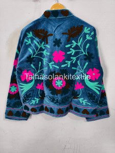 Hand Embroidered <b>Velvet</b> <b>Jacket</b> Women's Floral Prairie Chic Coat Spring Wear Mandarin Collar Full Sleeve Blue Pink Brown Design - Product Image 2