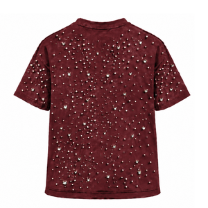 T-shirt unisexe bordeaux à manches courtes et col rond, orné de perles, personnalisé, mode décontractée, streetwear, haut de gamme - Product Image 2