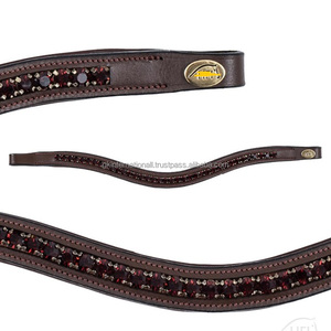 Customized Logo Black and Havana Brown Saddle Leather horse brow band with colorful <b>crystals</b> beads mega bling chain brow band - Product Image 2