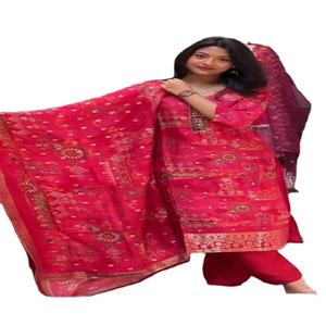 Special KARWA CHOWTH <b>Coming</b> Festive Party Wear Multi Color Unstitched Georgette Silk Faux Fur Straight Cut Border Fancy Kurti - Product Image 3