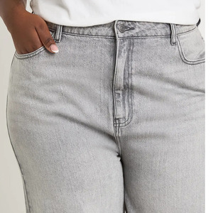 Pantalon décontracté en coton grande taille de haute qualité pour femme, jean taille haute délavé coupe ample jambe large, longueur intégrale, idéal pour l'été - Product Image 4