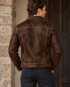 Chaqueta de Cuero para Hombre, Color Marrón, con Pelo de Vaca, Estilo Vintage, Cuello Camisero, Cierre de un Solo Botón - Product Image 3